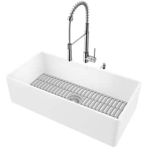 Matte Stone White Composite 36 in. Single Bowl Farmhouse Kitchen Sink with Faucet in Stainless Steel and Accessories