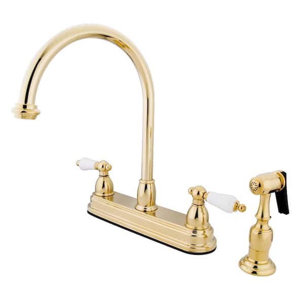 Kingston Brass Restoration 2-Handle Deck Mount Centerset Kitchen Faucets with Side Sprayer in Polished Brass