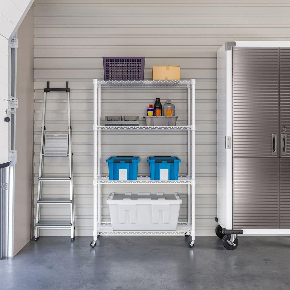 White Adjustable 4-Tier Steel Wire Shelving Unit with Wheels
