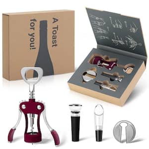 Multifunctional Wine Bottle Opener Gift Set, Wing Corkscrew, Foil Cutter, Vacuum Stopper and Aerator Pourer, Purple
