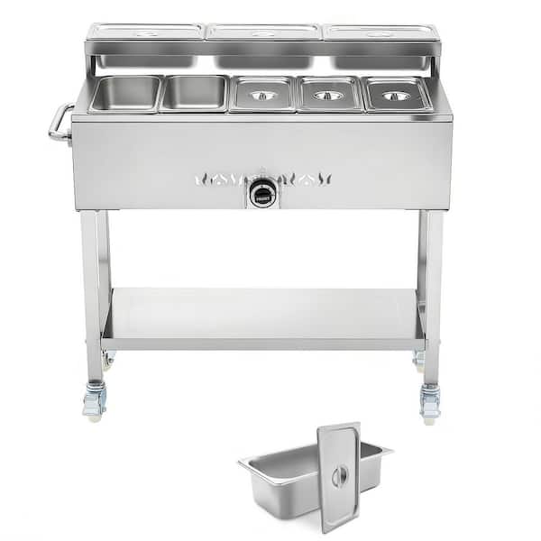 Commercial Propane Steam Table, 5 Food + 3 Condiment Pans, LP Gas Soup Warmer w/ Drain, 3 in. Wheels, Temp Control