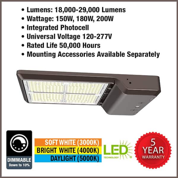 600-Watt Equivalent Integrated LED Bronze Area Light with Straight Arm Kit TYPE 3 Adjustable Lumens and CCT