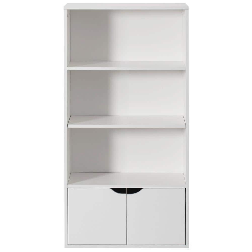 Front view of a white open bookshelf with cabinet doors.