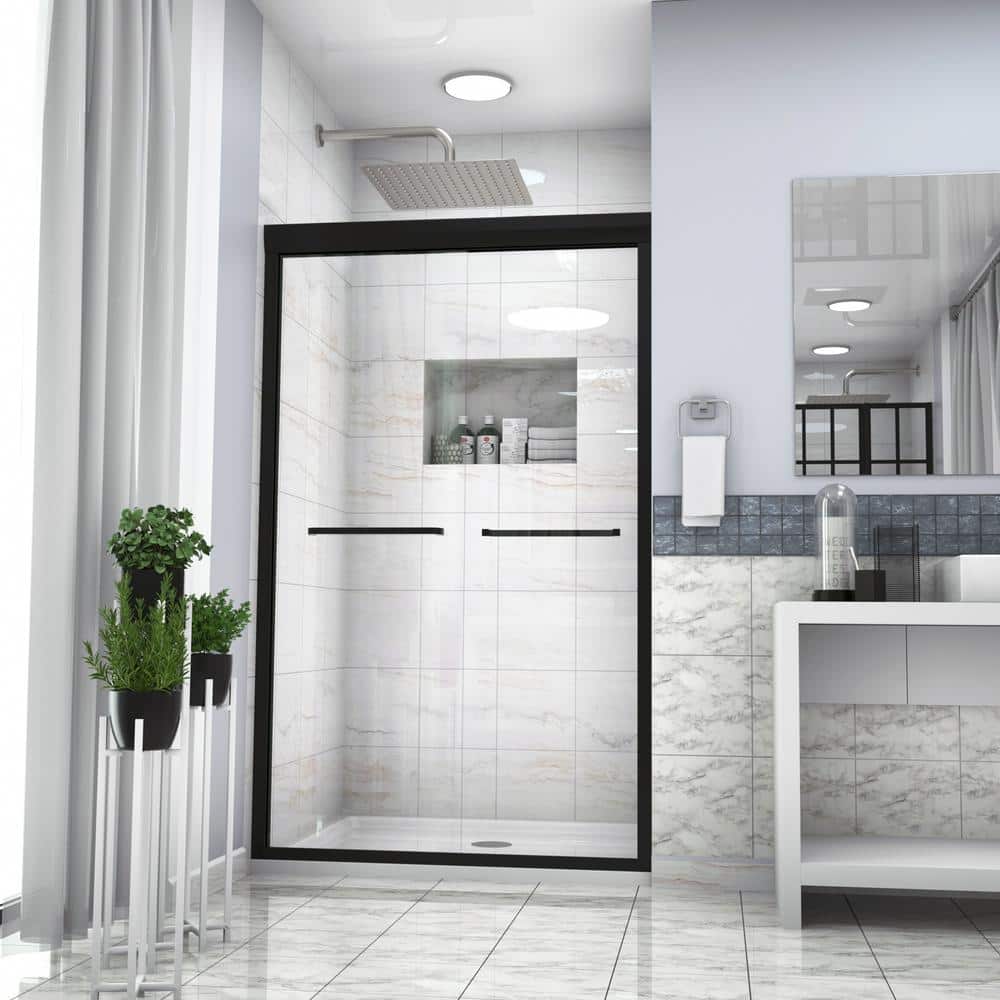 48" Matte Black Semi Frameless Sliding Shower Door