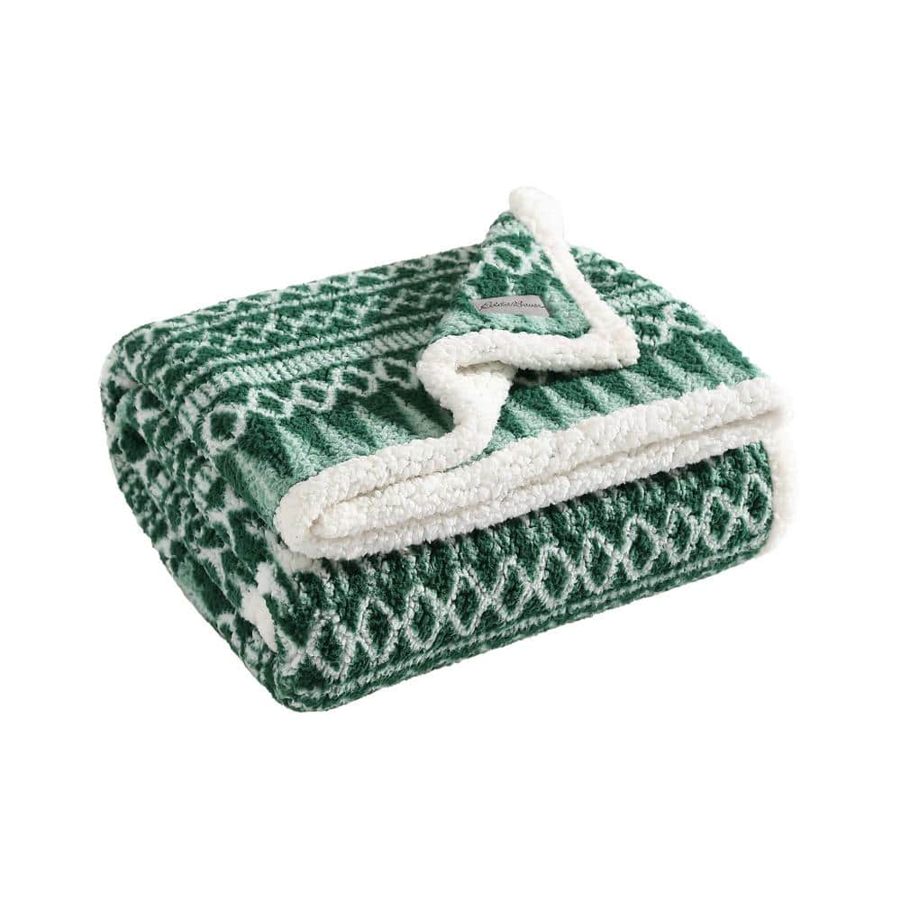 Green and White Reversible Sherpa Fleece Throw Blanket