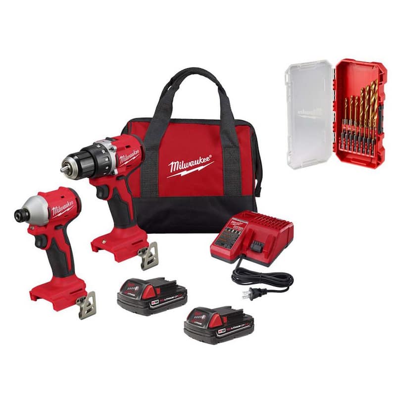 M18 18V Lithium-Ion Brushless Cordless Compact Drill/Impact Combo Kit with SHOCKWAVE Titanium Drill Bit Set