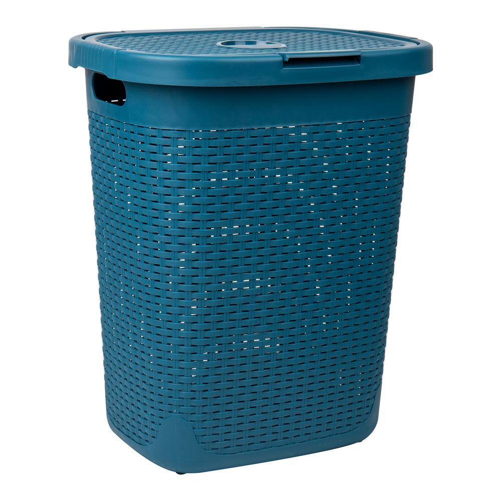 Blue Wicker Design Plastic Upright Hamper with Lid