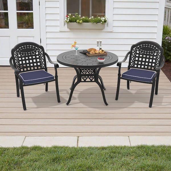 Isabella Black 3-Piece Cast Aluminum Outdoor Dining Set with Round Table and Dining Chairs and Blue Seat Cushion