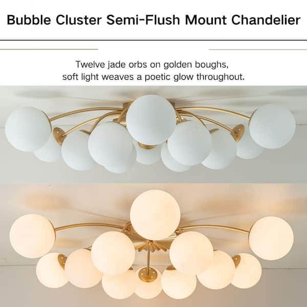 Ceder 39.4 in. W 12-Light Brushed Gold Modern Sputnik Semi-Flush Mount Chandelier w/ Globe Opal Glass and Flower Accent