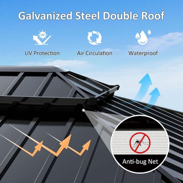 20 ft. W x 12 ft. D Aluminum Hardtop Gazebo with Galvanized Double Roof and Textilene Netting