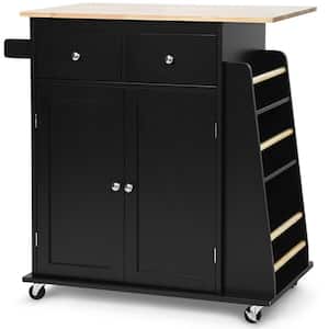 31 1/2 in. W Small Rolling Kitchen Cart Island with Wood Countertop, Kitchen Cart Trolley on Wheels, Black