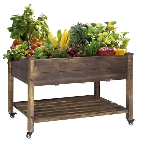 47 in. x 24 in. x 33 in. Cedar Carbonized Color Wooden Raised Garden Bed with Lockable Wheels and Liner