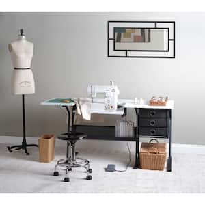 Eclipse Collection: 60.25 in. W x 23.75 in. D PB Craft Sewing Table with 3 Storage Drawers in White with Black Frame