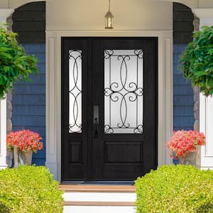 Regency 51 in. x 80 in. 3/4-Lite Georgian Decorative Glass RHIS Onyx Mahogany Fiberglass Prehung Front Door 12 in. SL