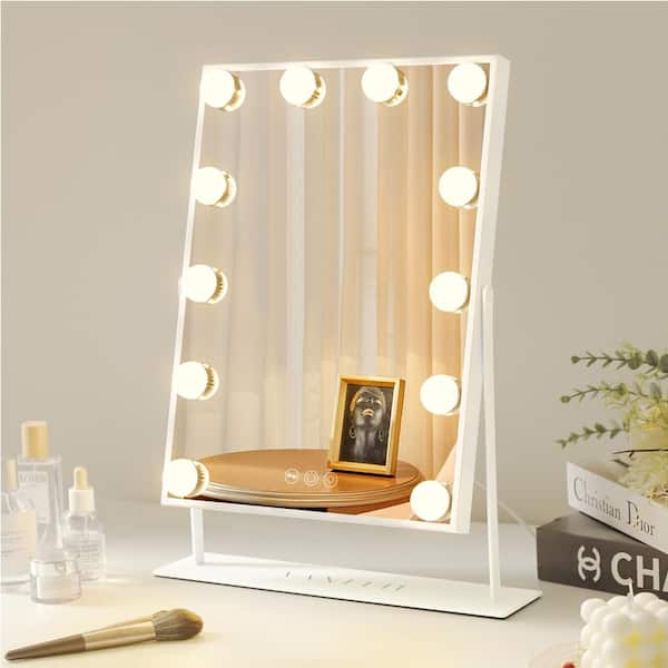 VANITII GLOBAL 14.5 in. W x 18.5 in. H Rectangular Framed LED Light Magnifying Tabletop Mounted Bathroom Vanity Mirror in White