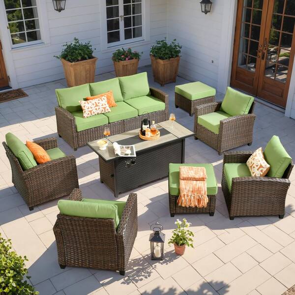 Toject Palermo Brown 8-Piece Wicker Outdoor Modular Patio Furniture Sofa Set with Metal Fire Pit and Green Cushions