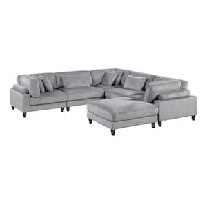 Laurelton 120 in. Pillow Top Arm 6-Piece Corduroy Fabric Modular Sectional Sofa with Ottoman in Gray