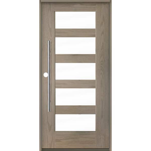 Krosswood Doors Faux Pivot 36 in. x 80 in. 5 Lite Right-Hand/Inswing Clear Glass Oiled Leather Stain Fiberglass Prehung Front Door