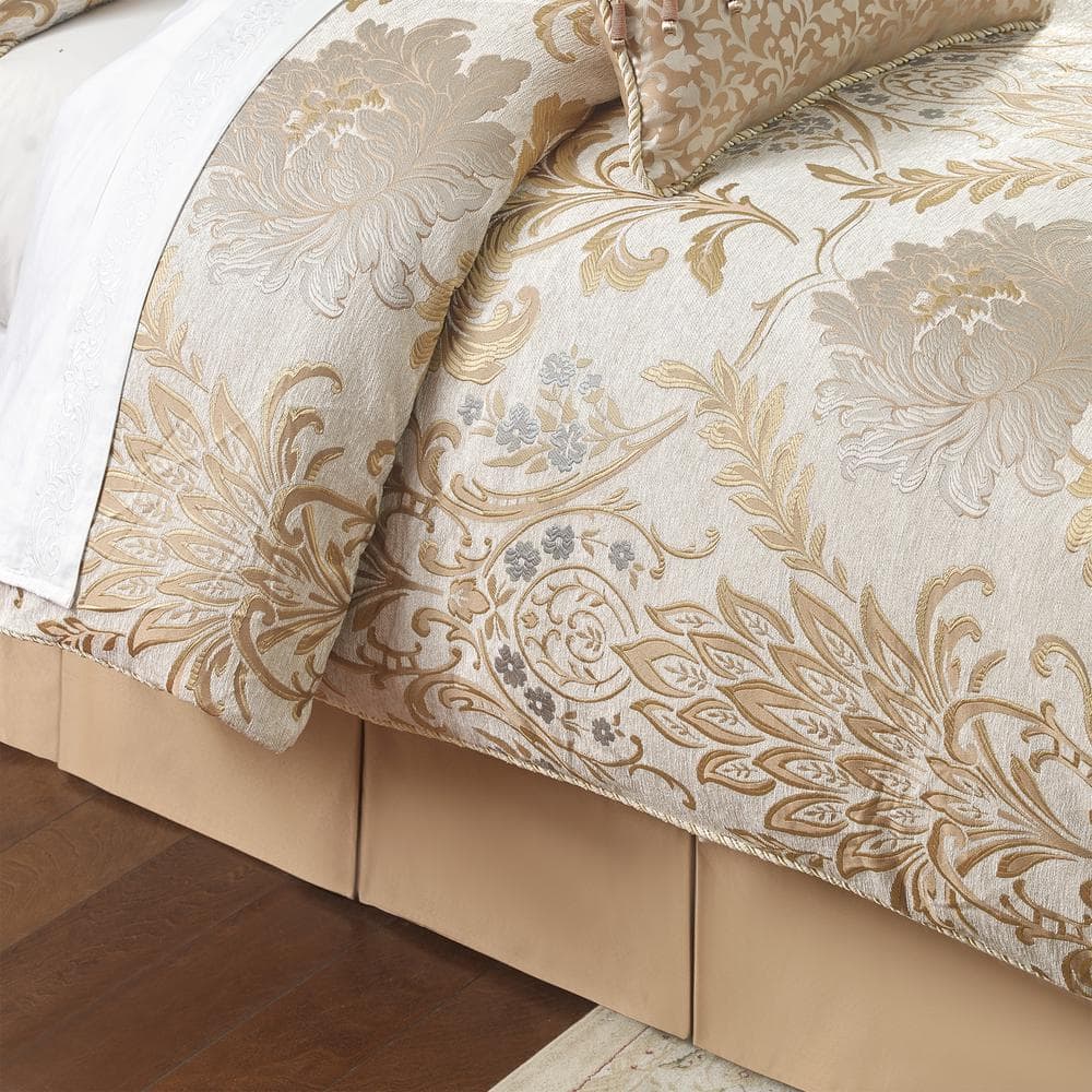 Ivory and Gold Damask Queen Comforter Set with Fringe Trim