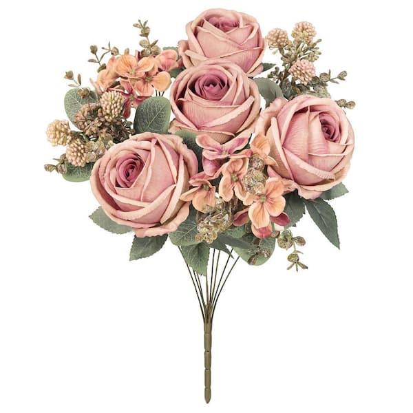 19 in. Rose Red Cafe Artificial Mixed Rose Hydrangea Berry Flower Stem Bush Bouquet (Set of 2)