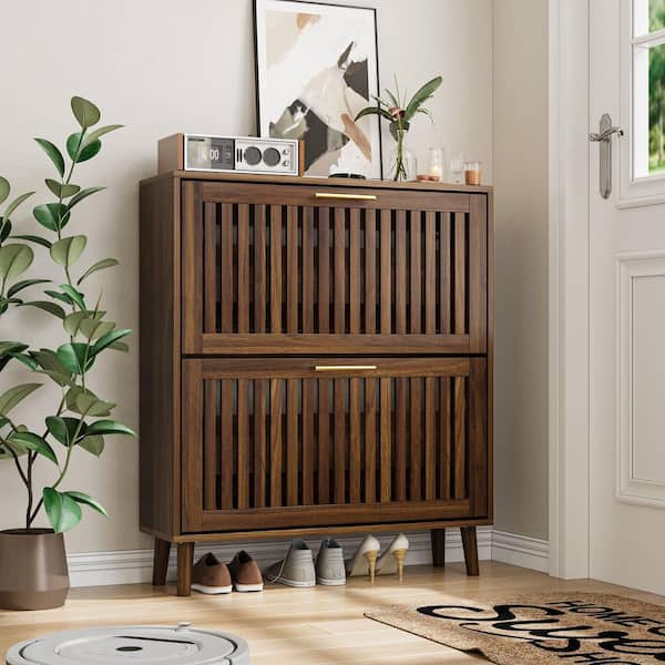 Hanley 36.4 in. H x 31.5 in. W Brown Wood Shoe Storage Cabinet with 2 Flip Drawers, Gold Metal Handle