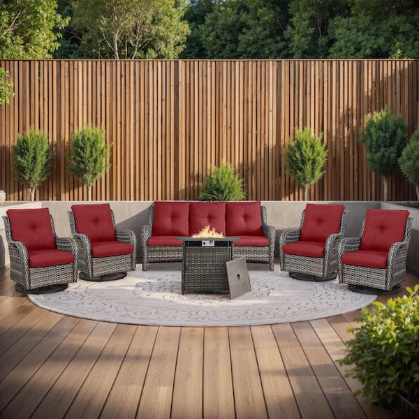 moosprr 6-Piece Gray Wicker Fire Pit Conversation Set with Olefin Red Cushions and 4 Swivel Glider Chairs and Couch