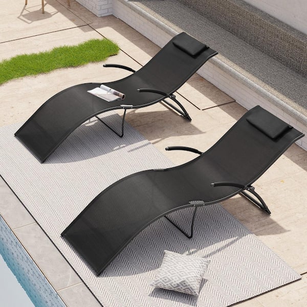 Crestlive Products Foldable Metal Outdoor Lounge Chair in Black (2-Pack)