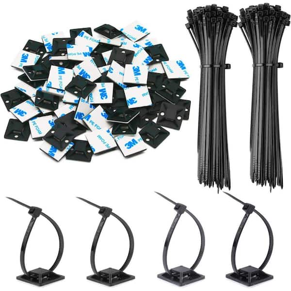 Slim 140-Pack 3/4 in. Adhesive Zip Tie Mounts Cable Base Holders Wire Clips with Screw Holes Black Set