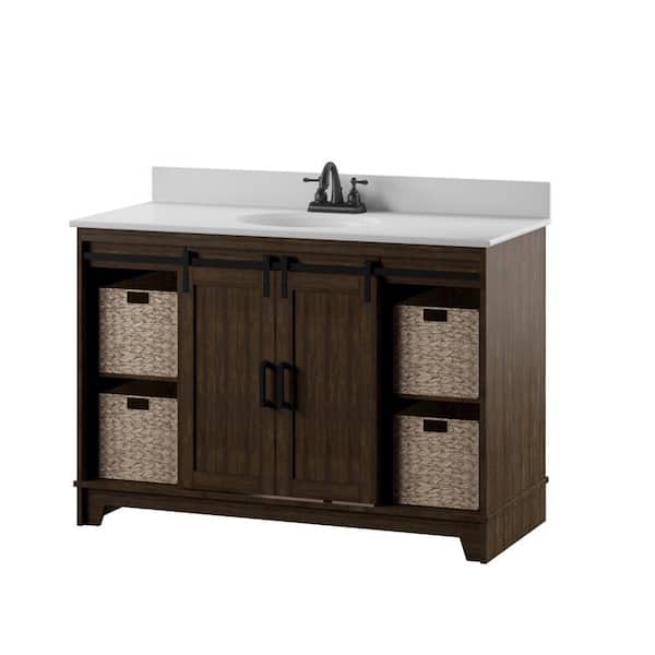 49 in. W x 22 in. D x 37.88 in. H Single Bath Vanity in Saw Cut Espresso with White Marble Top and Sliding Barn Door