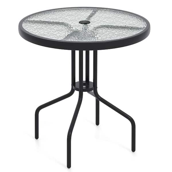 ANGELES HOME 27.5 in. Round Outdoor Dining Table with Rippled Tempered Glass Top for Backyard