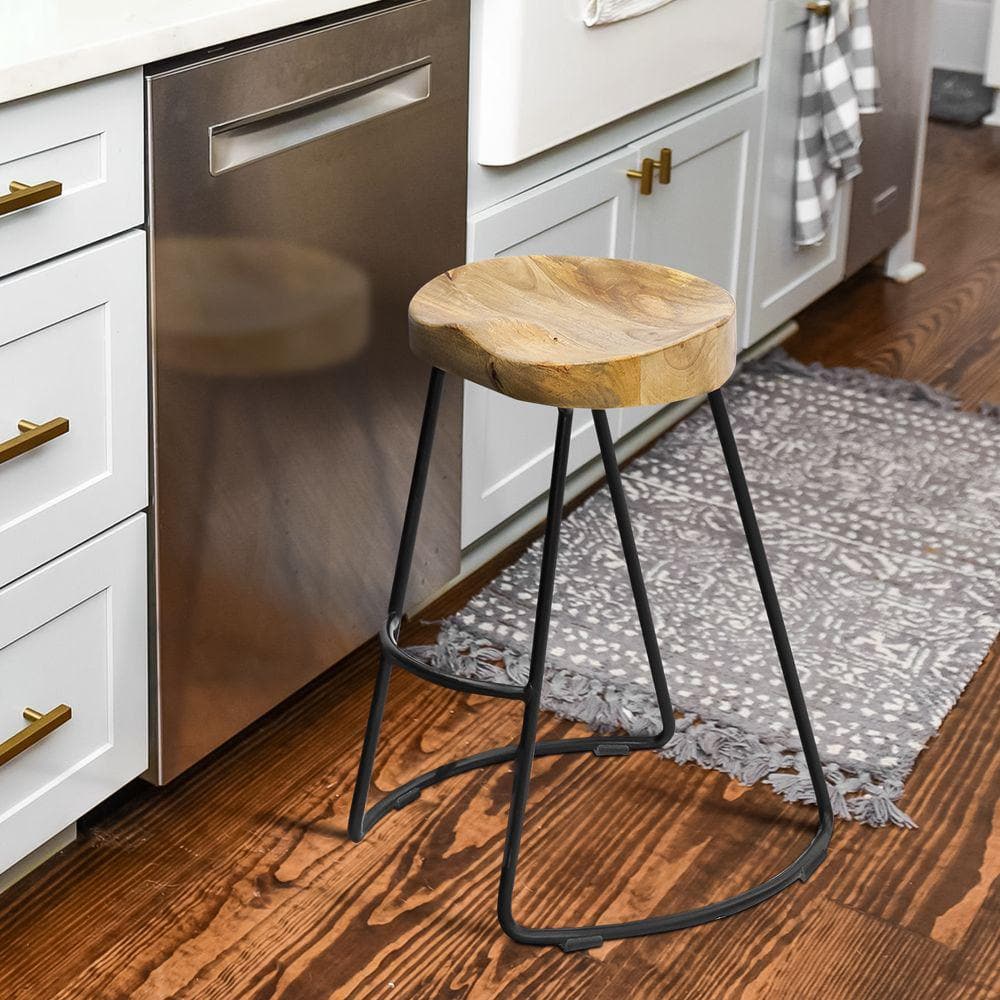 30 in. Brown and Black Backless Metal Bar Stool with Wooden Seat -  THE URBAN PORT, UPT-37900