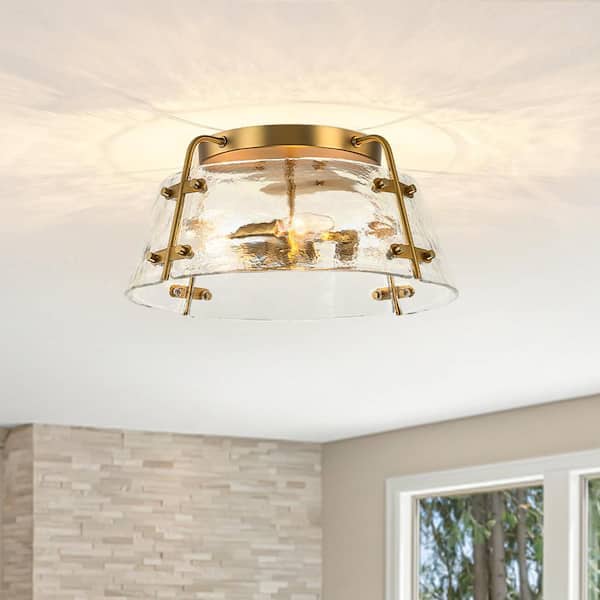 Y'INSP 15.35 in. 3-Light Brushed Gold Modern Farmhouse Semi-Flush Mount Ceiling Light Fixture With Textured Glass Shade