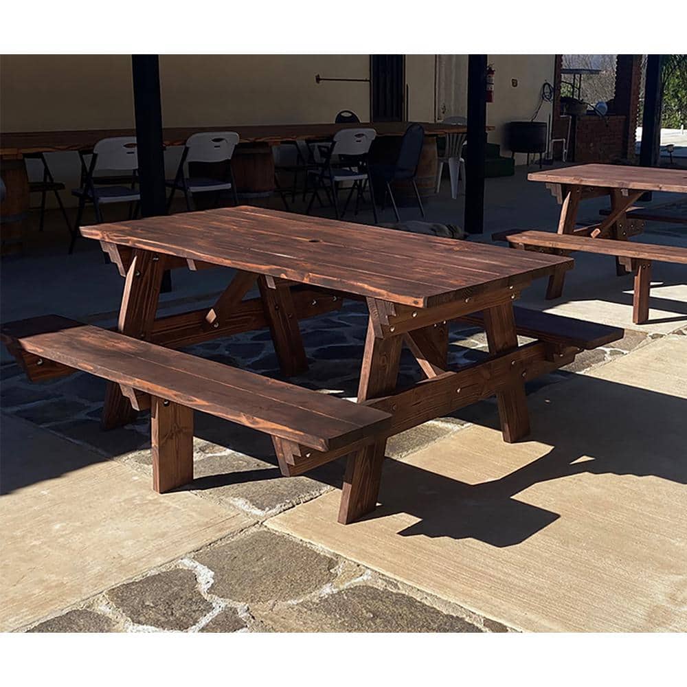 Outdoor Mission Brown Finished 8 ft. Redwood Picnic Table with Attached Ben