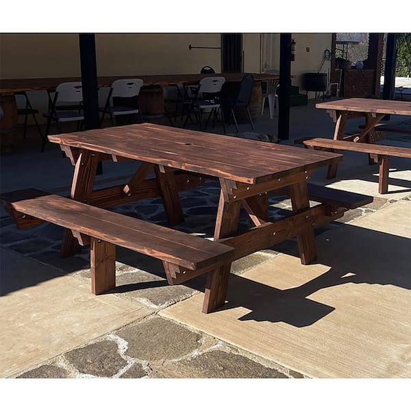 Unbranded Mission Brown Stained 6 ft. Douglas Fir Wood Picnic Table with Attached Benches