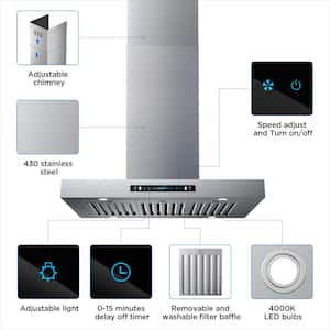 42 in. 900 CFM Ducted Quiet Island Range Hood with Touch panel 4 LED light and Gesture Control in Stainless Steel