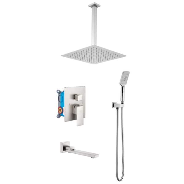 Flynama 12 in. Shower Head Single Handle 3-Spray Tub and Shower Faucet 1.8 GPM in. Brushed Nickel (Valve Included)