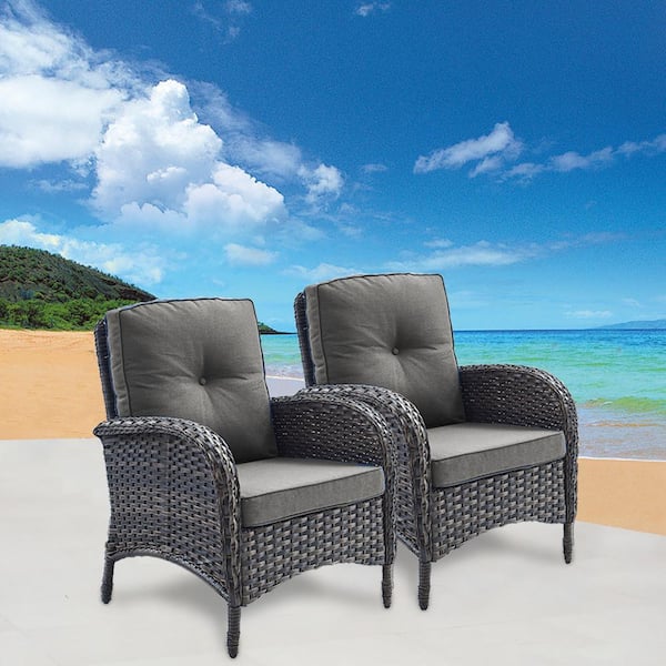PlainCurve Metal and Brown Wicker Outdoor Lounge Chair with Olefin Gray Cushions (2-Pack)