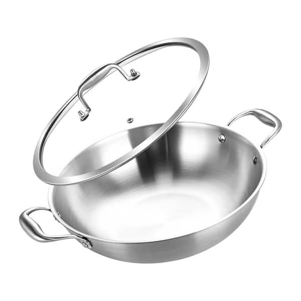10-in. Stainless Steel Tri-Ply Wok Pan with Lid Deep Curved Oven Safe Induction Compatible Jumbo Cooker