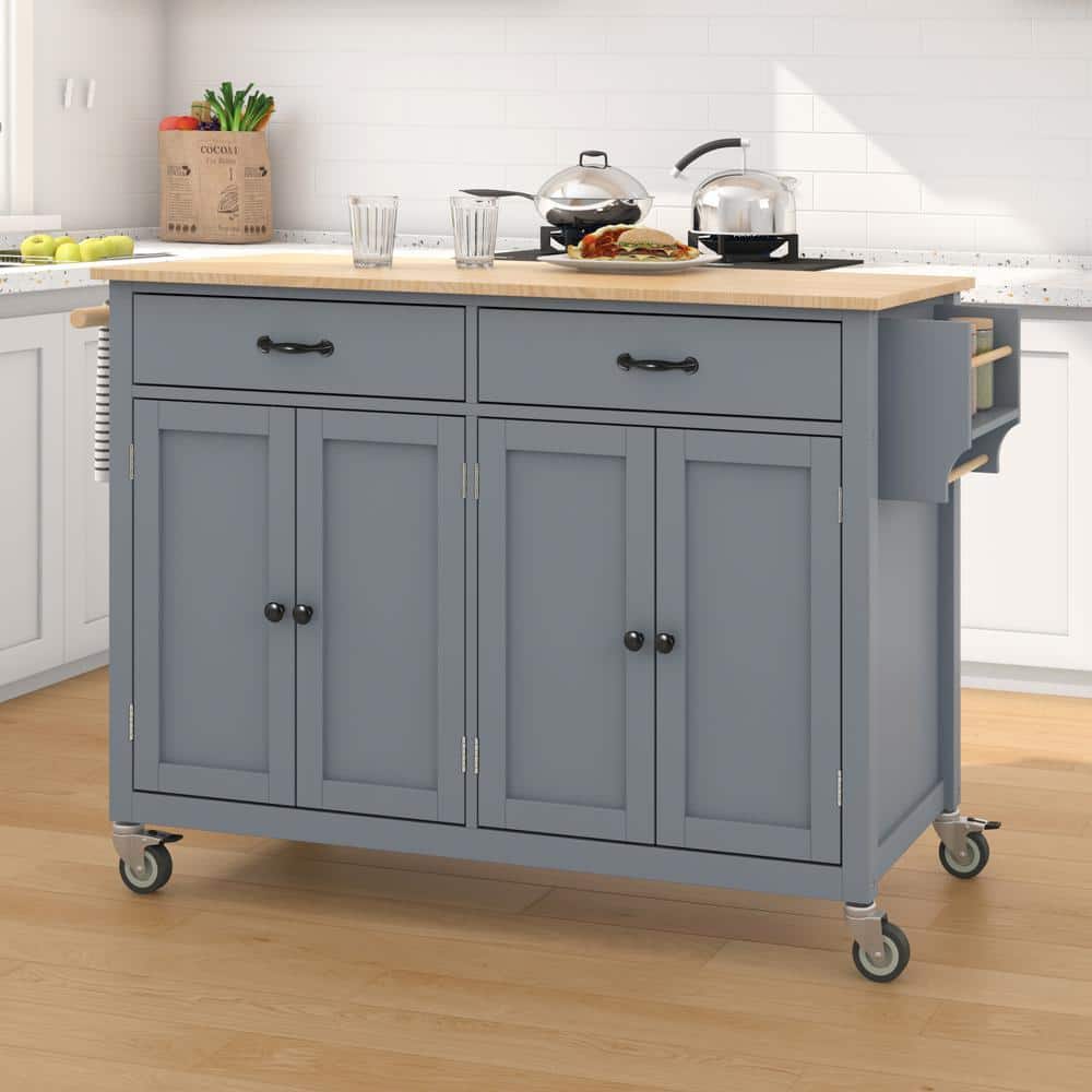 FAMYYT Rolling Gray Rubber Wood Desktop 54 in. Kitchen Island with