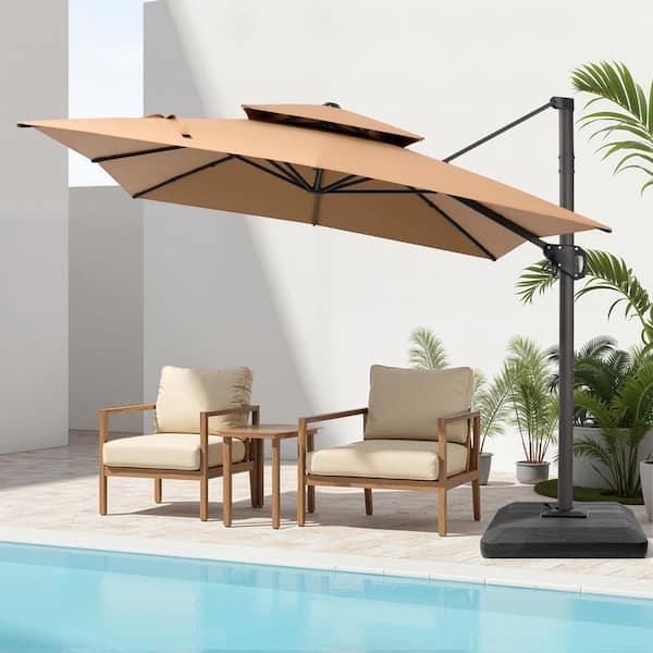 11 ft. x 9 ft. Dual Top Aluminum 360° Rotation Tilt Cantilever Patio Umbrella in Tan with Stand Weights for Pool Garden