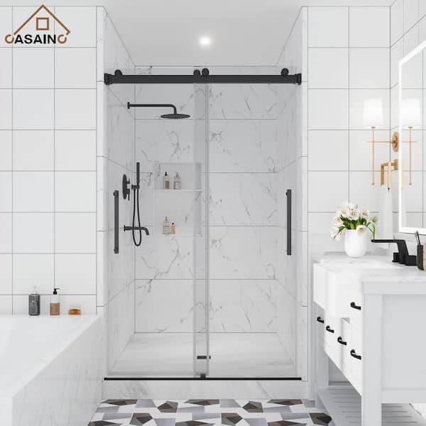 CASAINC 44-48 in. W x 76 in. H Double Sliding Frameless Shower Door in Matte Black with Clear Glass