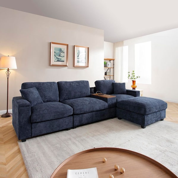 J&E Home 120.3 in. Square Arm 4-piece Linen L Shaped Free Combination Sectional Sofa in. Blue with USB Charger Storage Ottoman