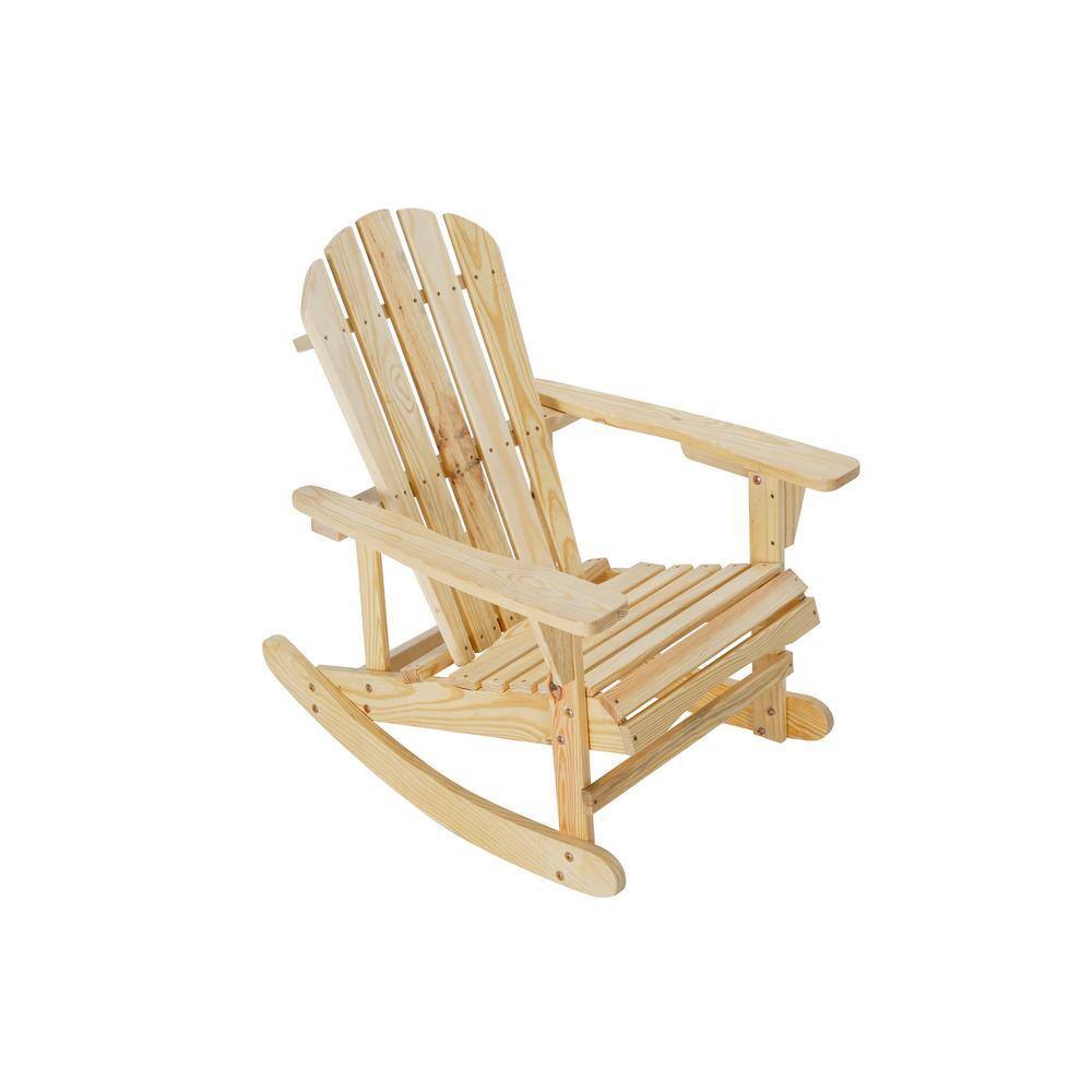 Three-quarter view of a natural solid wood Adirondack rocking chair.