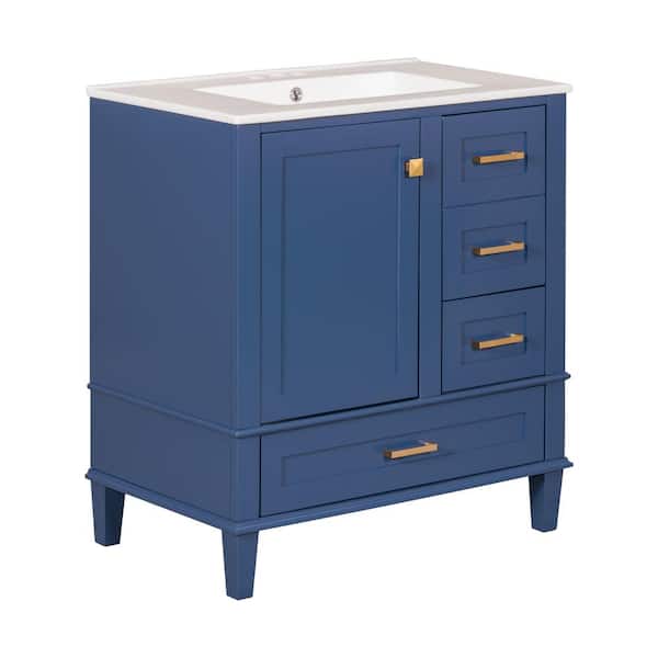 Unbranded 30 in. W x 18 in. D x 34 in. H Single Sink Freestanding Bath Vanity in Blue with White Ceramic Top