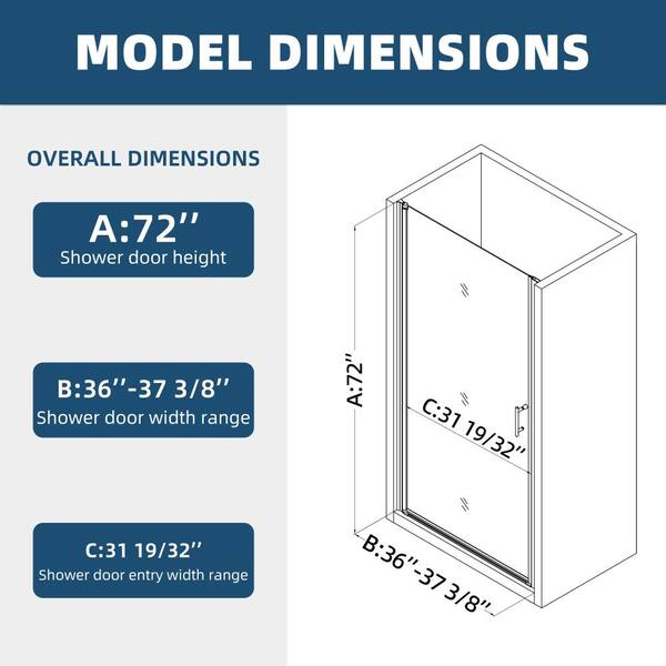 ZXDDMS 36 in. W x 72 in. H Semi-Frameless Pivot Shower Door in