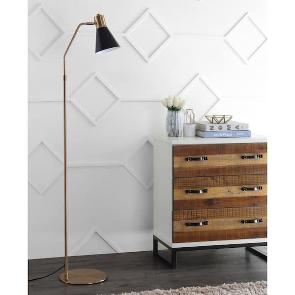 Grania 60 in. Black/Brass Gold Arc Floor Lamp with Black Shade