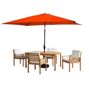 6 -Piece Set, Okemo Wood Outdoor Dining Table Set with 4 Cushioned Chairs, 10 ft. Rectangular Umbrella Orange