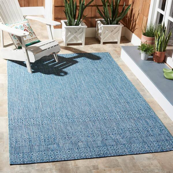 Courtyard Aqua/Navy 8 ft. x 10 ft. Geometric Diamond Indoor/Outdoor Patio  Area Rug