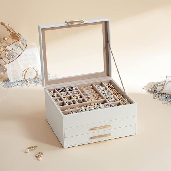 Cloud White 9 in. x 5.3 in. Polyurethane Modern Jewelry Box with 2 Drawers