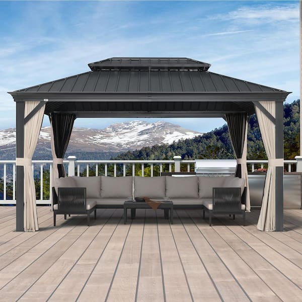 10 ft. x 14 ft. Gray Aluminum Power-Coated Frame Galvanized Steel Double Roof Hardtop Gazebo,Hooks,Beige Curtain